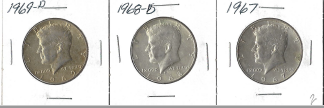 Three Silver Kennedy Half Dollars 1967, 1968-D, & 1969-D