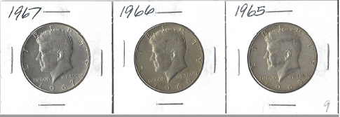 Three Silver Kennedy Half Dollars 1965, 1966, & 1967