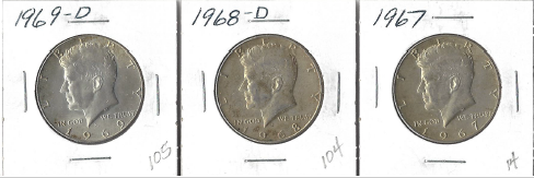 Three Silver Kennedy Half Dollars 1967, 1968-D, & 1969-D