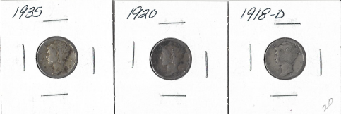 Three Different Mercury Dimes - 1918-D, 1920, & 1935