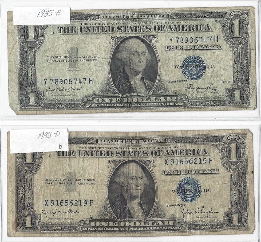Two Silver Certificate Dollar Notes - 1935D, 1935E