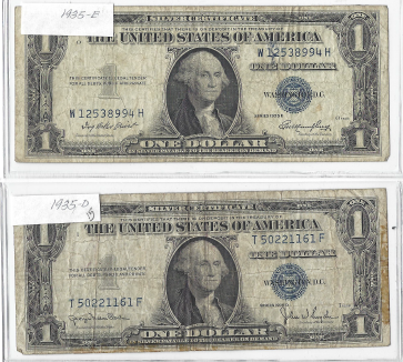 Two Silver Certificate Dollar Notes - 1935D, 1935E