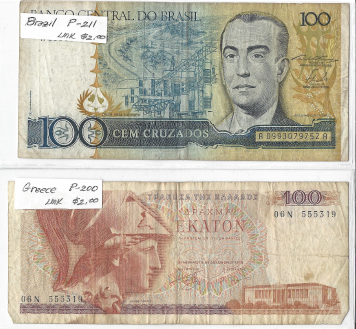 Three Different Foreign Banknotes - Greece, & 2 from Brazil