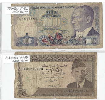 Three Different Foreign Banknotes - Pakistan, Turkey, & Yugoslavia