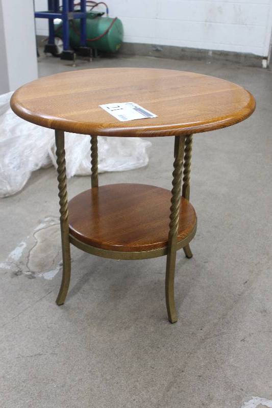 lot 21 image: Round Wood Table w Bottom Shelf