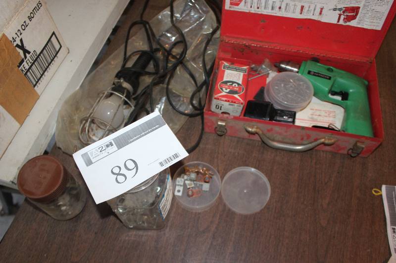 lot 89 image: Hitachi Cordless Brad Gun, Screws, Shop Light, Hardware
