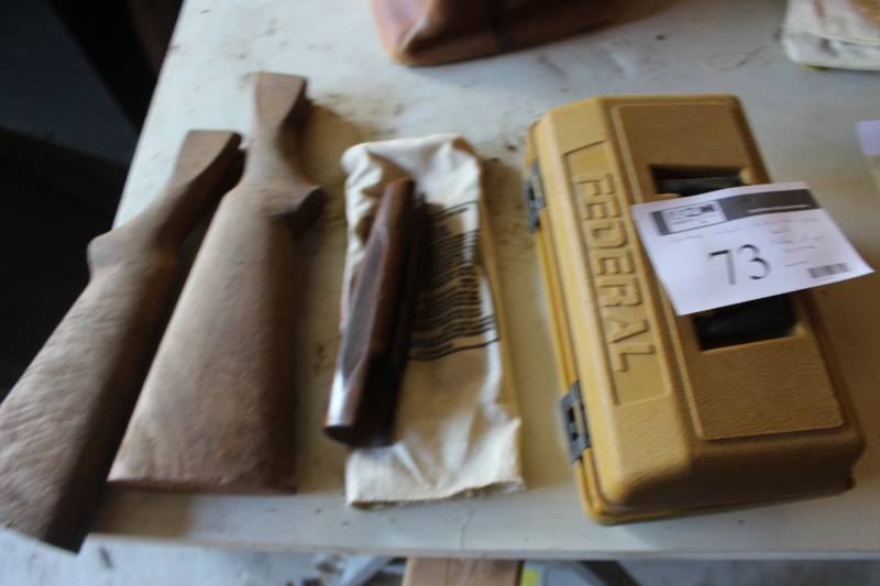 lot 73 image: Gun Tools, Accessories Includes Custom Walnut Stocks, Wood Pump Handle, Box of Gun Equipment