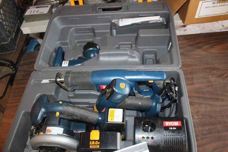 lot 99 image: Ryobi 18V Cordless Tools w Case Includes Sawzall, Drill, Circular Saw, Battery
