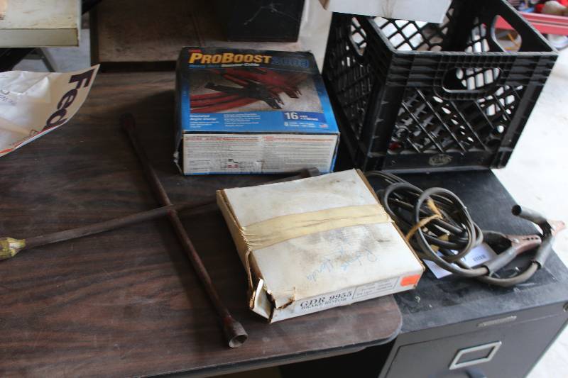 lot 109 image: Brake Rotors, Jumper Cables, Milk Crate