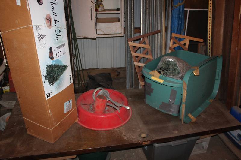 lot 177 image: 7ft. Christmas Tree, Stand, Christmas Decorations