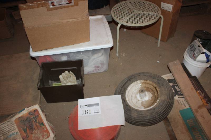 lot 181 image: Bulbs, Table, Wheelbarrow Wheel, Caution Tape