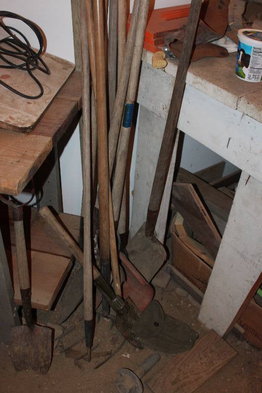 lot 240 image: Tools Includes Shovels, Hoe, Pitch Fork, And More