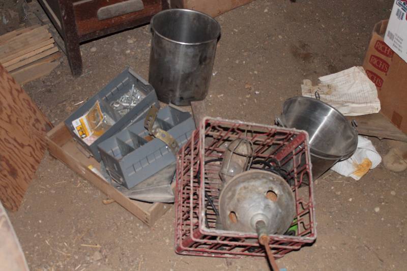 lot 227 image: Hardware, Trouble Light, Nails, Screws, Funnel, Pail, And More