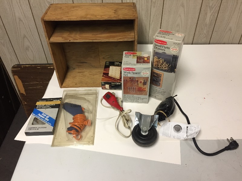 lot 65 image: Wooden Box, glue gun, engraver, more