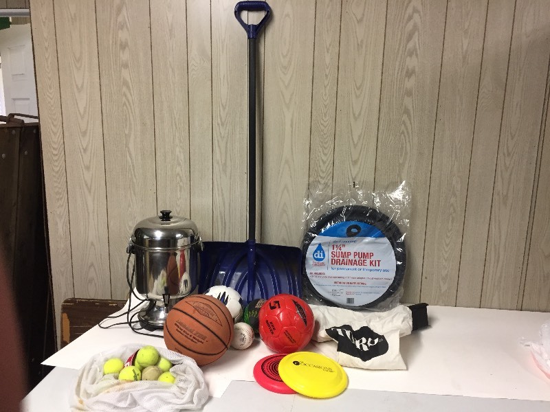 lot 67 image: Shovel, Balls, Coffee Maker, Sump Pump Kit