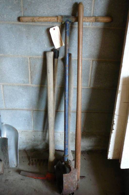 lot 301 image: Post hole Digger, Axe, Rake handle
