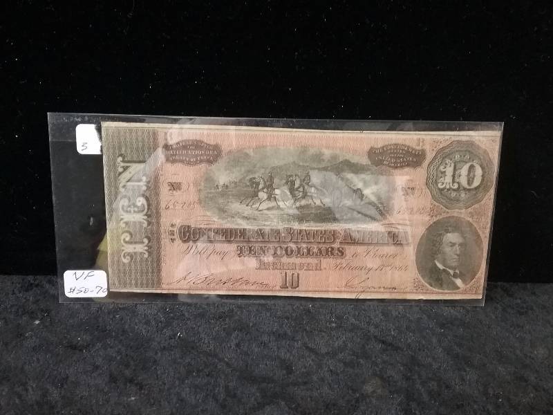 $10 1864 Confederate States of America Currency, Series 2 Region B, US Paper Money Guide Value $50-$70, VF
