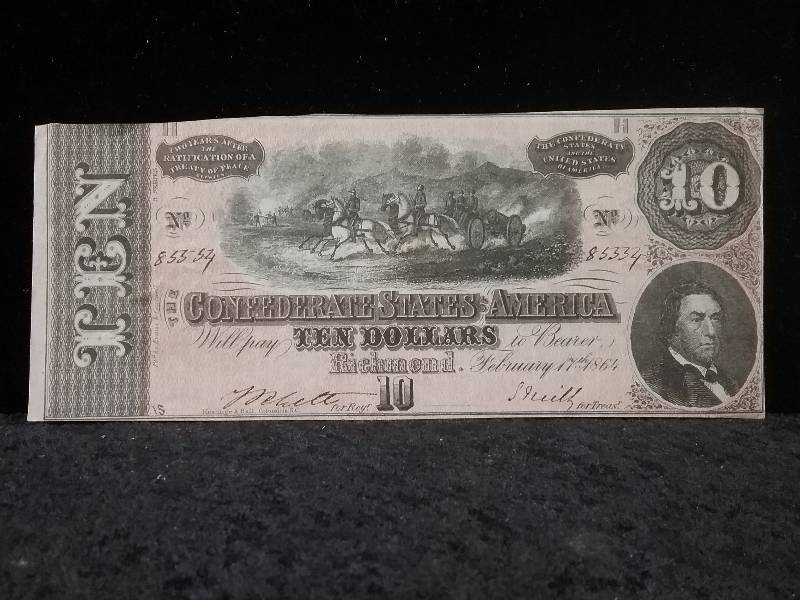 $10 1864 Confederate States of America Currency, Series 3 Region H, US Paper Money Guide Value $50-$70, VF