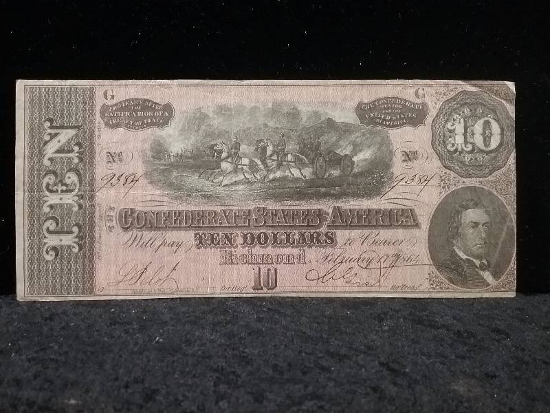 $10 1864 Confederate States of America Currency, Series 7   Region G, US Paper Money Guide Value $60-$90, XF