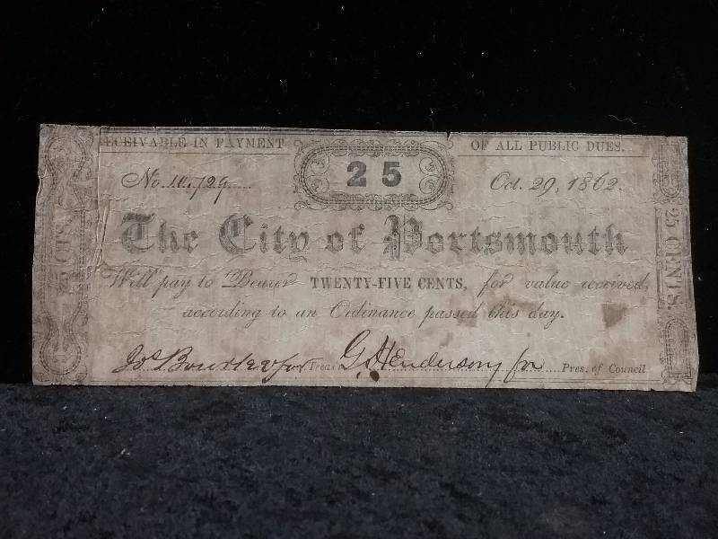 1862 Civil War Era 25 Cents, City of Portsmouth, VA Note, Oct 29, 1862 (US Paper Money Guide Value  $40-$50)