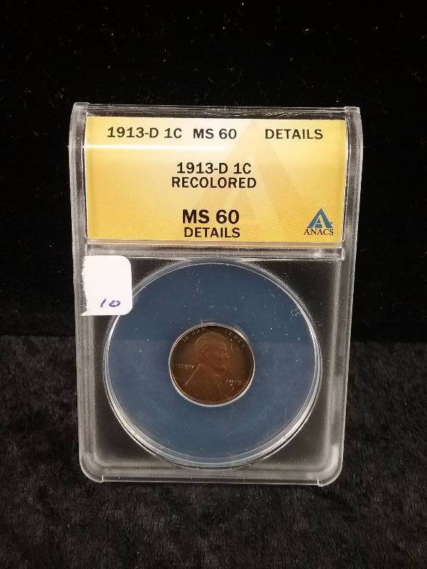 ANACS MS60 1913D Wheat Penny with Great Details and Toning (Redbook Value  $110-$160)