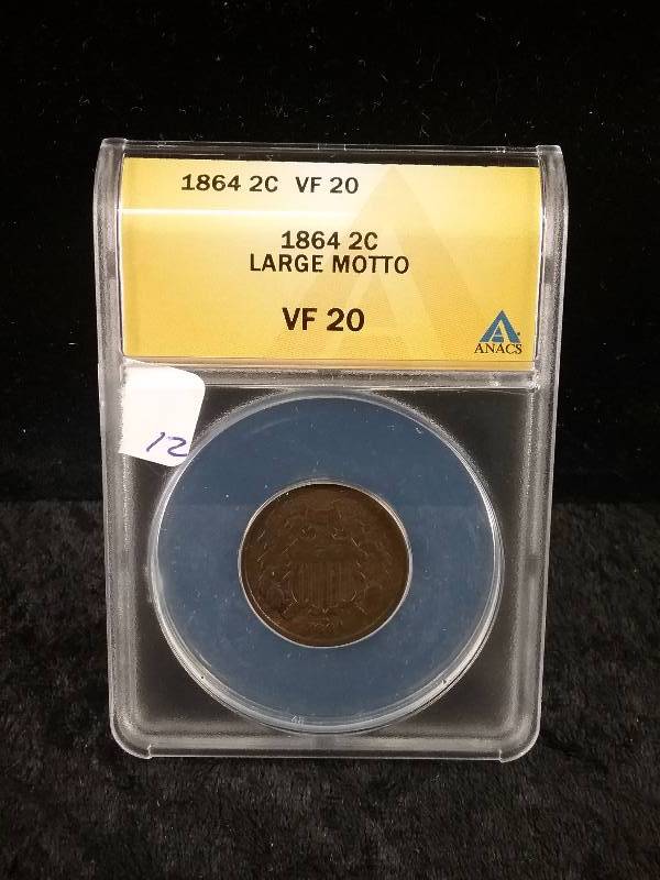 ANACS VF20 1864 Large Motto 2-Cent Piece (Redbook value  $35-$50)