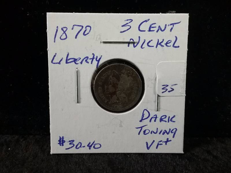 1870 3 Cent Nickel, VF, Dark Brown Toning, Full Liberty (Redbook value $30-$40)
