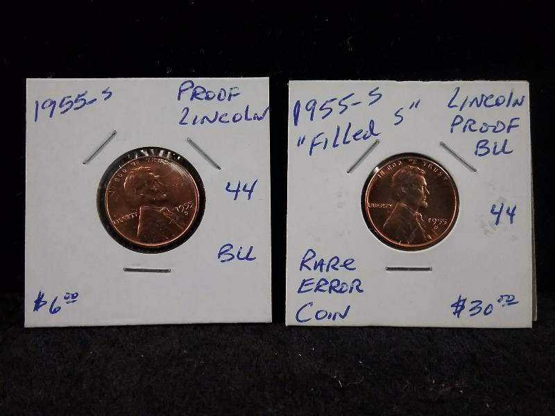 Lot - 1955-S ERROR Filled S Lincoln Penny & 1955-S BU Proof Lincoln Penny