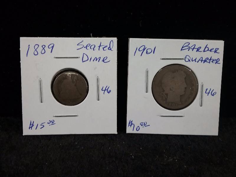 Lot - 1889 Seated Dime & 1901 Barber Quarter (Redbook value from Good 4  $10-$15each)
