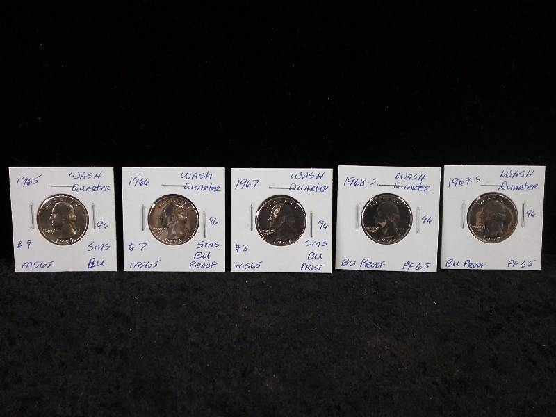 1965, 1966, 1967, 1968S, 1969S BU UNC Washington Quarters, Strong Luster, Beautiful Proofs