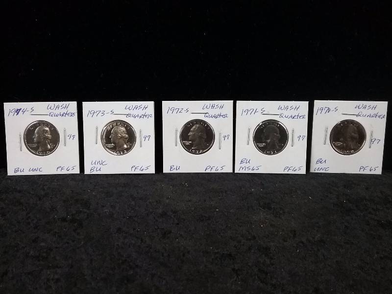 1970S, 1971S, 1972S, 1973S, 1974S BU UNC PF65 Washington Quarters, Beautiful Luster
