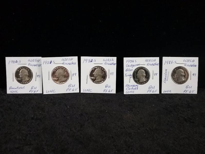 1980S, 1981S, 1982S, 1983S, 1984S, BU UNC Washington Quarters, 1984S is showing a gorgeous light blue