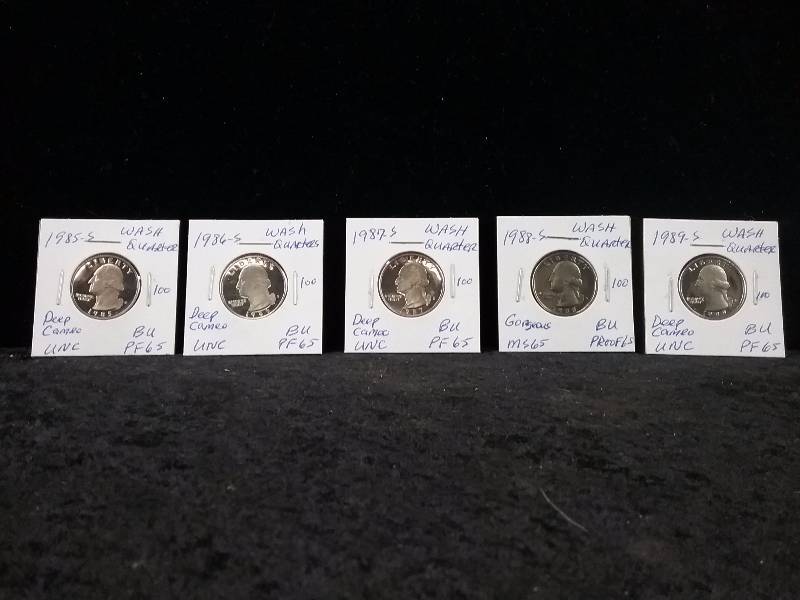 1985S, 1986S, 1987S, 1988S, 1989S BU UNC Deep Cameo Washington Quarters MS65