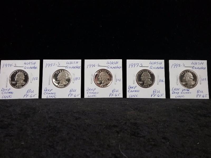 1994S, 1995S, 1996S, 1997S, 1998S, BU UNC Deep Cameo Washington Quarters.  Last year made.