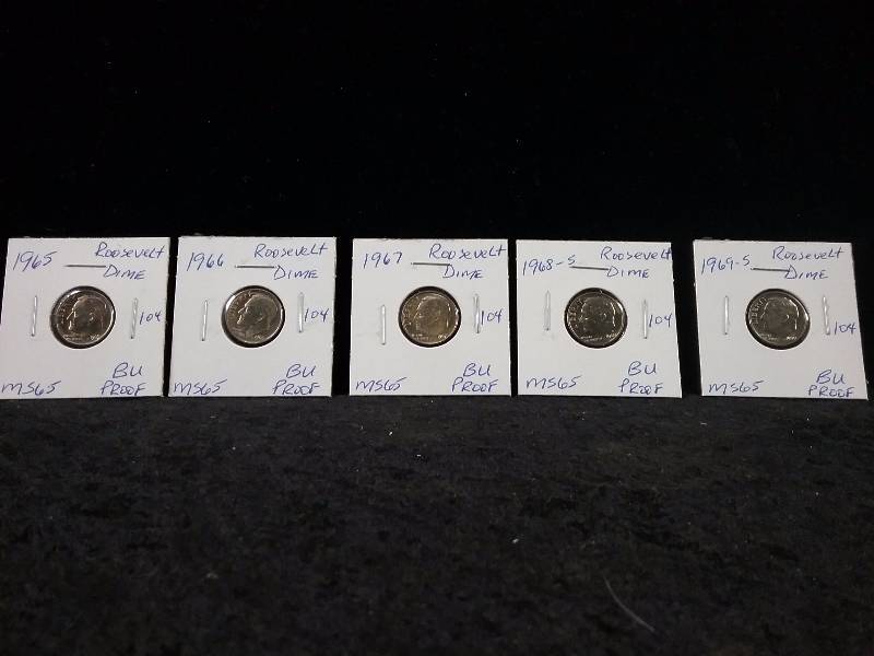 1965, 1966,1967, 1968S, 1969S, MS65 BU Proof Roosevelt Dimes, Deep Cameo.