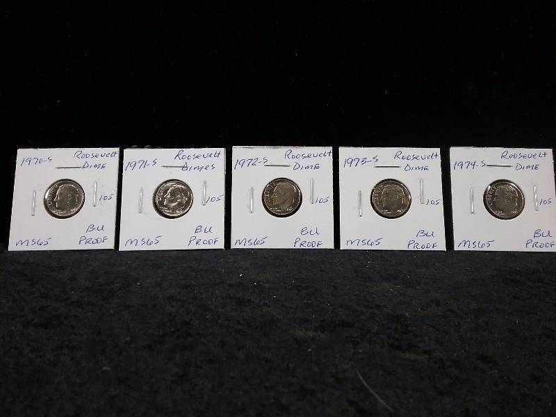 1970S, 1971S, 1972S, 1973S, 1974S, MS65, BU Proof Roosevelt Dimes, Deep Cameo