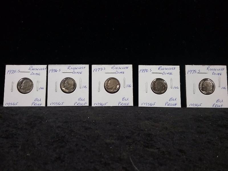 1975S, 1976S, 1977S,1978S, 1979S, MS65 BU Proof Roosevelt Dimes, Deep Cameo