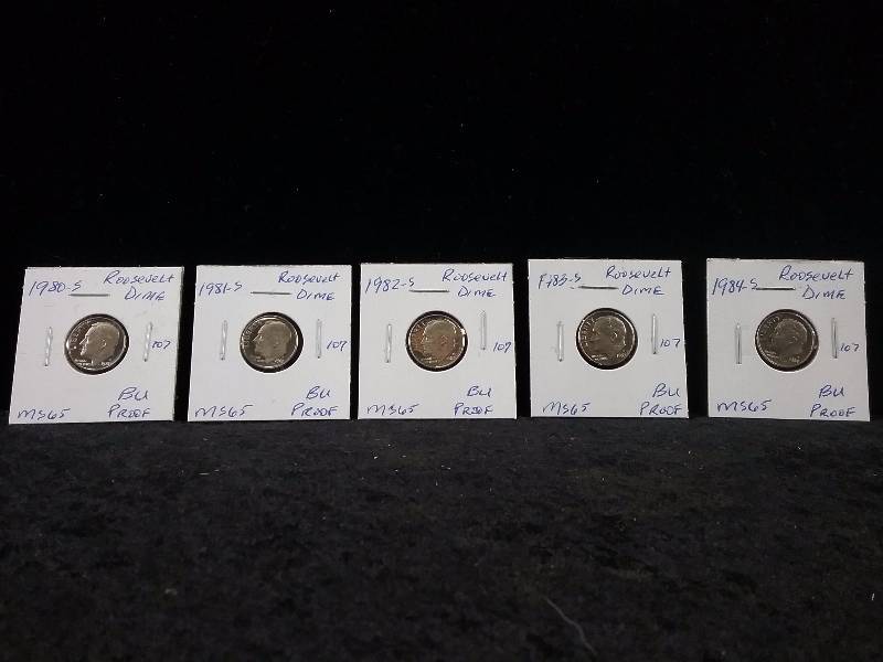 1980S, 1981S, 1982S, 1983S, 1984S, MS65 BU Proof Roosevelt Dimes, Deep Cameo