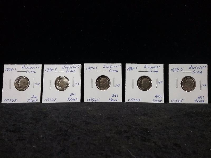1985S, 1986S, 1987S, 1988S, 1989S, MS65 BU Proof Roosevelt Dimes, Deep Cameo