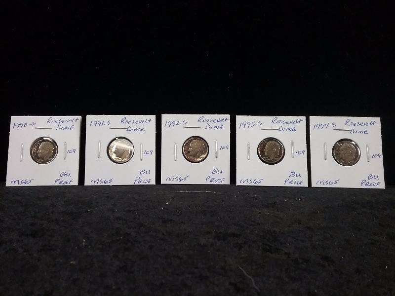 1990S, 1991S, 1992S, 1993S, 1994S, MS65 BU Proof Roosevelt Dimes, Deep Cameo