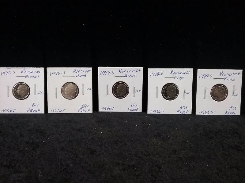 1995S, 1996S, 1997S, 1998S, 1999S, MS65 BU Proof Roosevelt Dimes, Deep Cameo