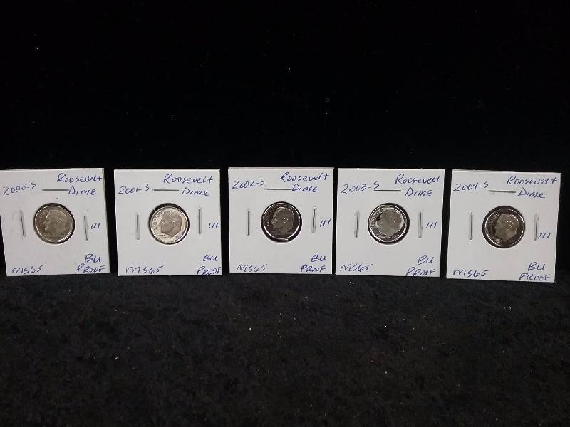 2000S, 2001S, 2002S, 2003S, 2004S, MS65 BU Proof Roosevelt Dimes