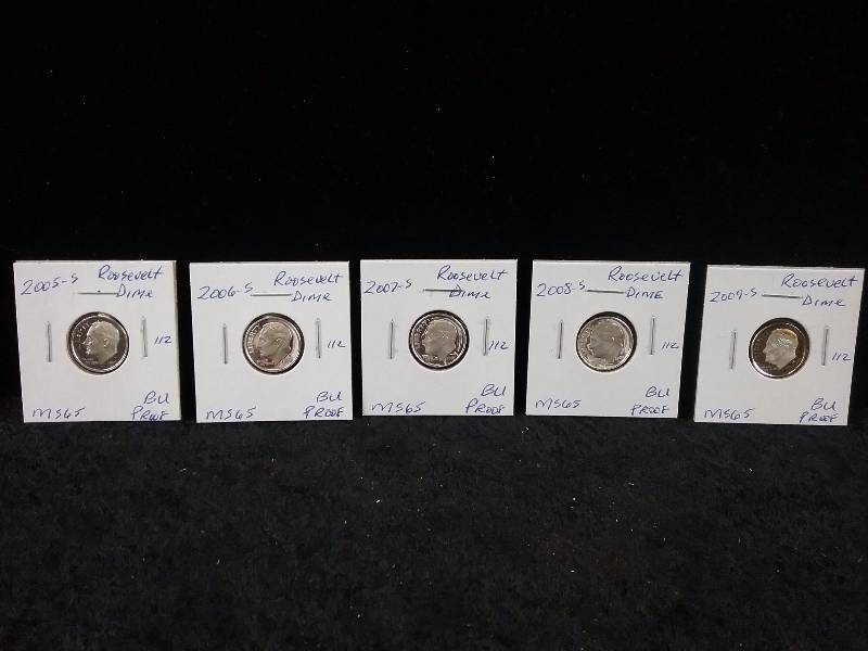 2005S, 2006S, 2007S, 2008S, 2009S, MS65 BU Proof Roosevelt Dimes, Deep Cameo