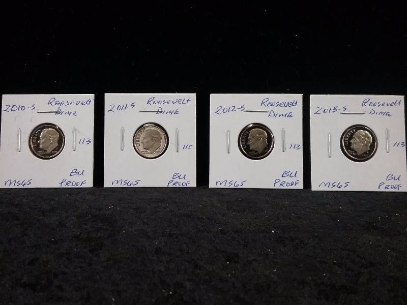 2010S, 2011S, 2012S, 2013S, MS65 BU Proof Roosevelt Dimes, Deep Cameo