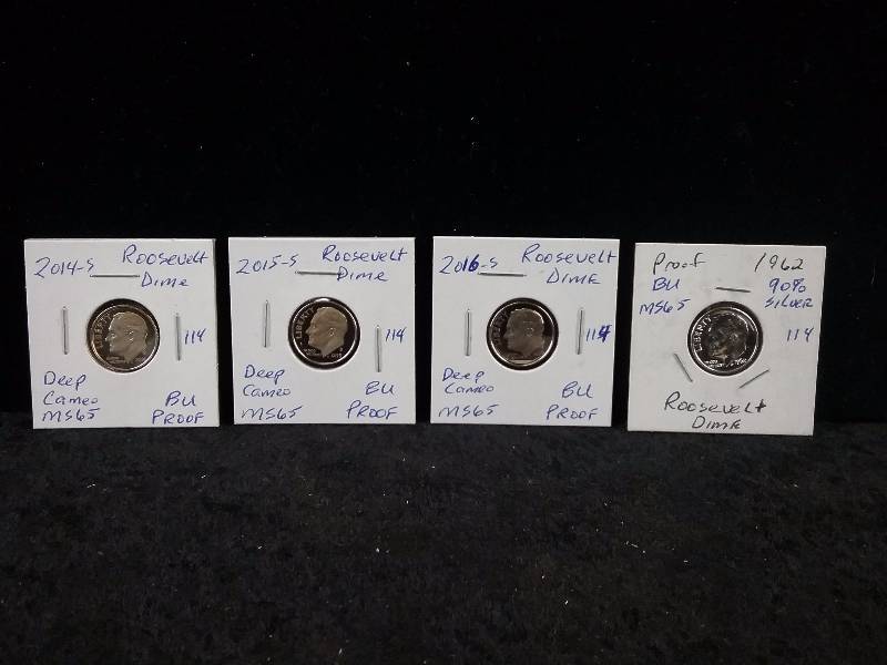 2014S, 2015S, 2016S, & 1962 (90% silver) MS65 BU Proof Roosevelt Dimes