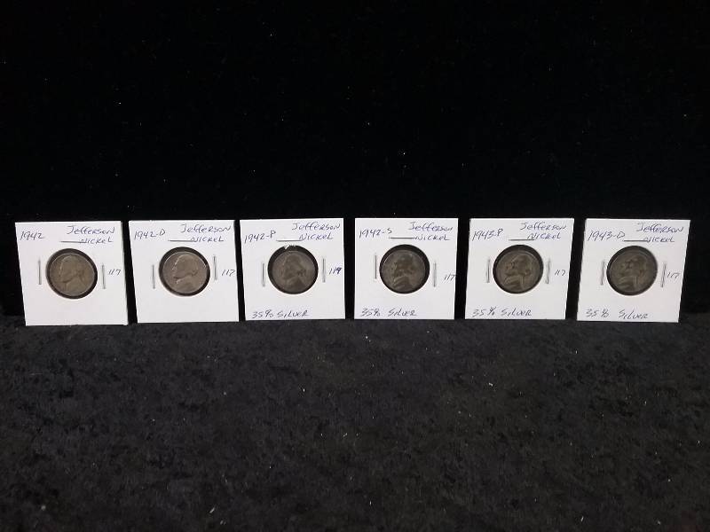 1942 & 1942D, 1942P, 1942S (35% silver), 1943P & 1943D (35% silver) Jefferson War Nickels