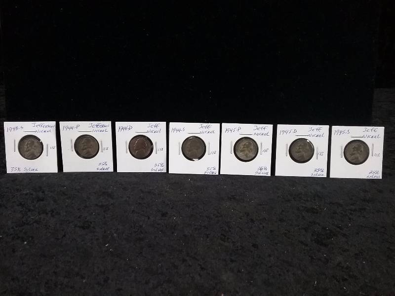 1943S, 1944P, 1944D, 1944S, 1945P, 1945D, 1945S Jefferson Nickels.  6  are 35% silver)