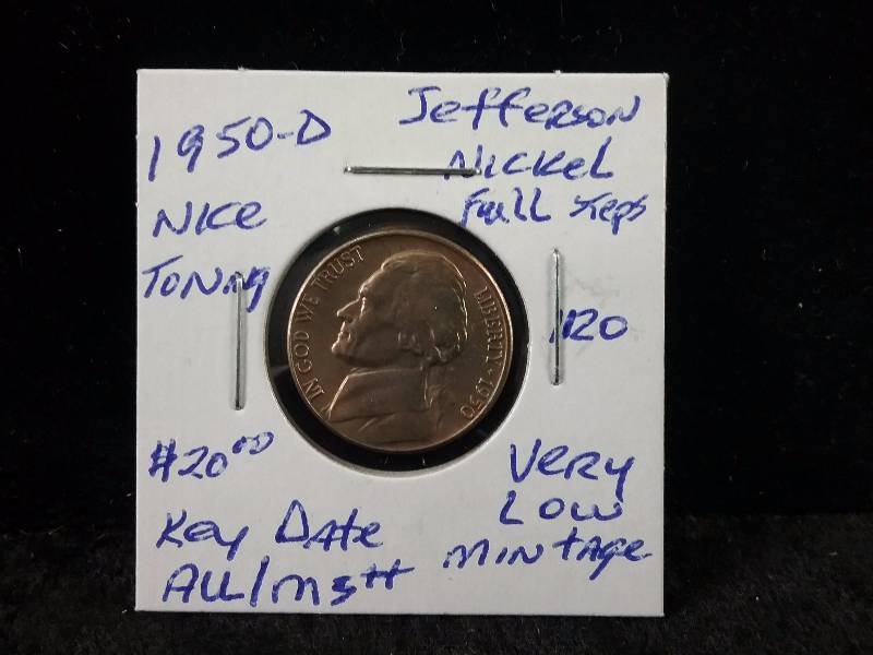 1950D AUMS Key Date Jefferson Nickel, Ful Steps with nice toning.  Gorgeous coin. (Redbook value $25)