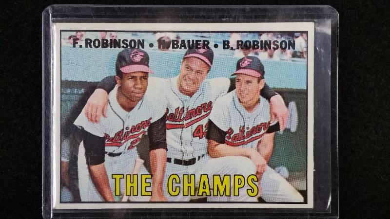 lot 33 image: 1967 Frank Robinson, Brooks Robinson, and Hank Bauer Topps Baseball Card