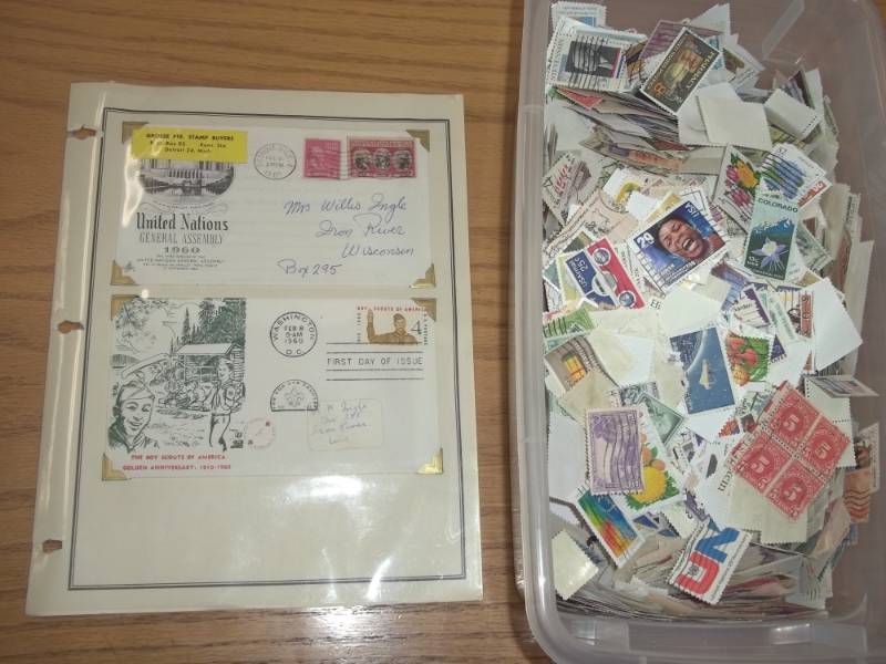 lot 9 image: First Day Issue Stamps with Large Shoe box tote of Assorted Stamps